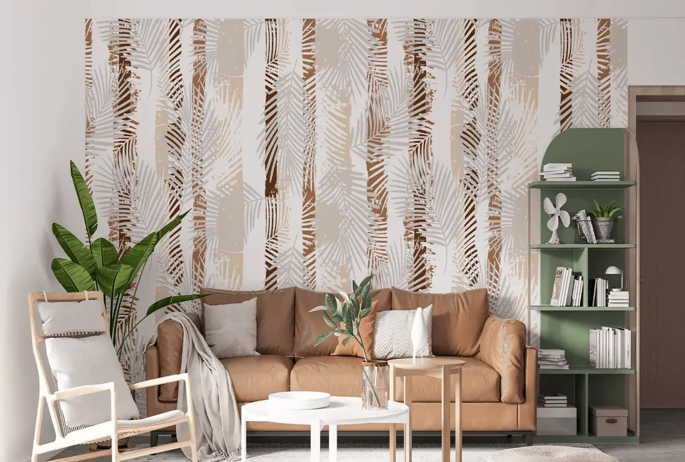 Sala contemporânea com papel de parede em tons terrosos
